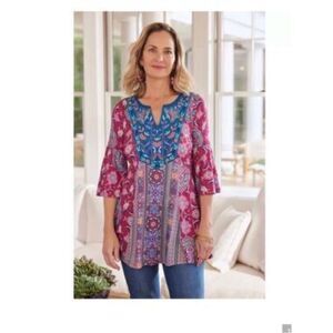 Soft Surroundings Aili Floral Embroidered 3/4 Sleeve Tunic Blouse Plus Size 1X
